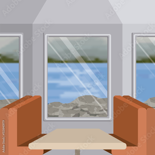 background interior train with a passenger compartment and blur lake scenary outside vector illustration