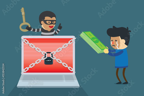 Cyber criminal demand money payments to exchange with key to unlock computer systems.