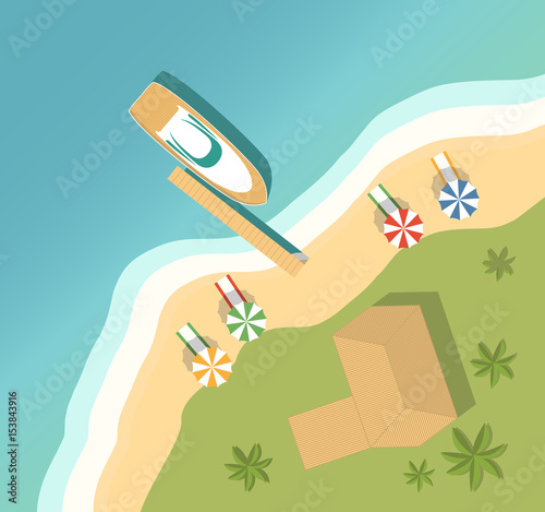 Vector a banner with an island landscape beach in the sea and the yacht.The landscape for recreation.Top view of the island paradise.The tropical beach on the seashore for rest.Maritime hotel.