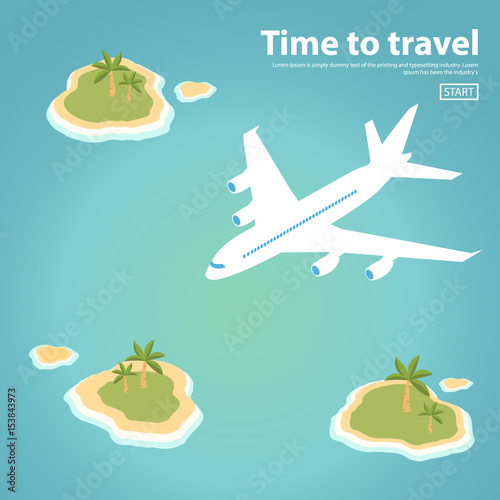 isometric Landscape illustration the island text inscription jet plane sea.Travel,tourism vector illustration in a flat style.World travel banner.Water tourism.Summer holidays, vacation.