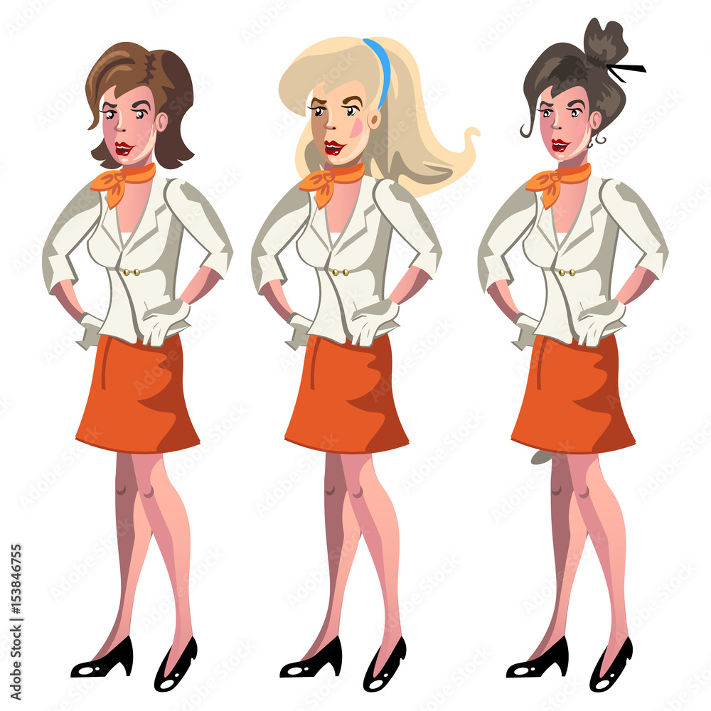 Set of 3 Stewardesses Dressed In Uniform. Set of 3 Stewardesses Dressed In Uniform.
