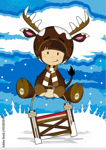 Cute Reindeer Girl Sledging