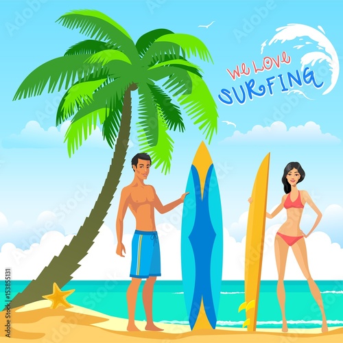 Surfer man and woman on the beach