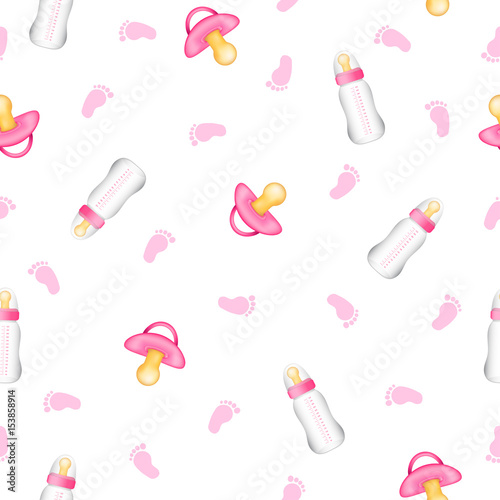Seamless pattern from realistic pink pacifiers, baby bottles, foot.