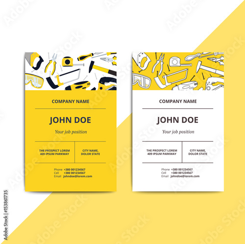 Home improvement corporate business card with repair tools. House construction id template. Renovation background for professional carpenter, handyman, builder. Vector illustration.