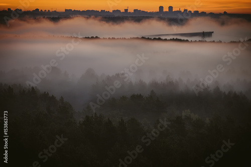 Early foggy morning over the city of Minsk