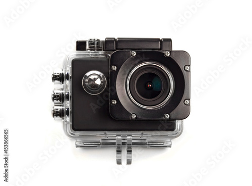 Action camera with case on white background