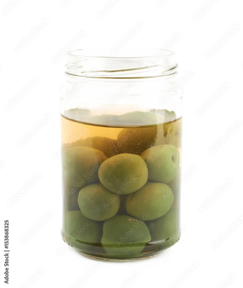 Jar of green olives isolated Jar of green olives isolated