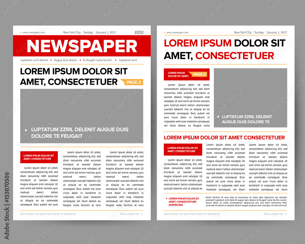 Fototapeta premium Daily newspaper journal design template with two-page opening editable headlines quotes text articles and images vector illustration