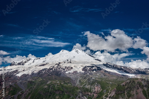 Mt. Elbrus, the highest peak in Europe, view from Cheget slope in summer sunny day