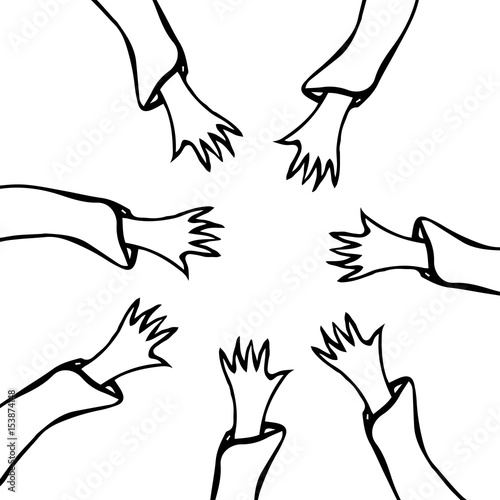 Cartoon Hands Stretch Towards Each Other. Arms Raised of Different Races United .Vector Illustraition