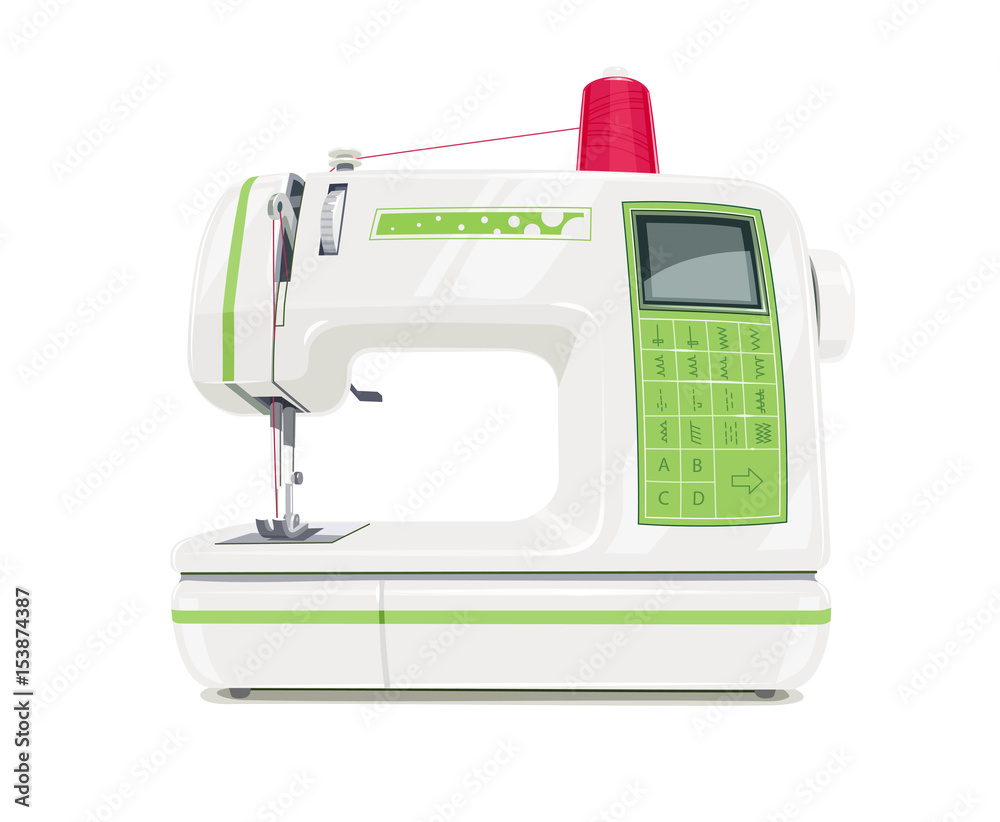 Modern sewing machine with red spool thread. Equipment for sew