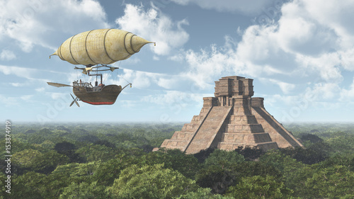 Fotografie Fantasie Luftschiff und Maya Tempel