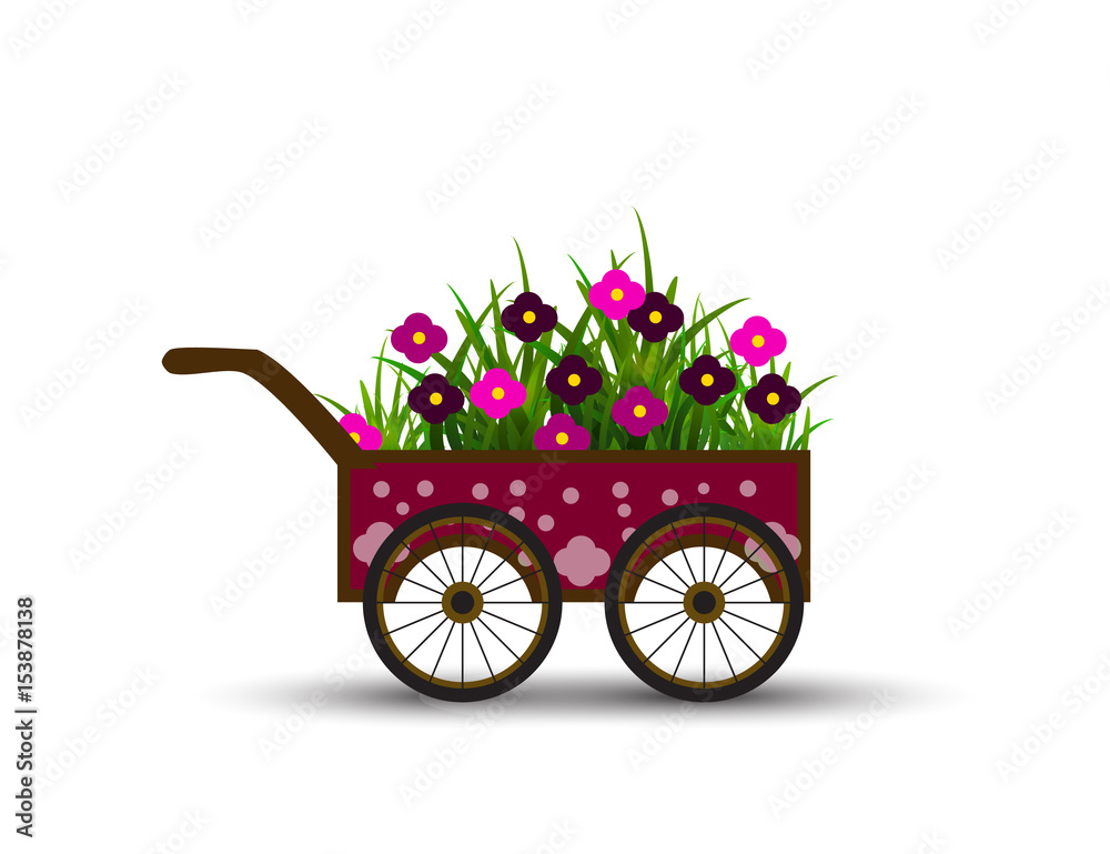 Carriage with Flowers and Grass Isolated on the White Background.