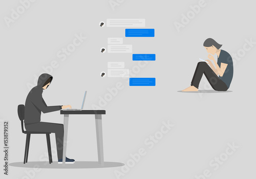 Blue Whale Suicide Game Concept: hooded man typing message to his victim. Administrator assigns a series of tasks that the player must accomplish. 