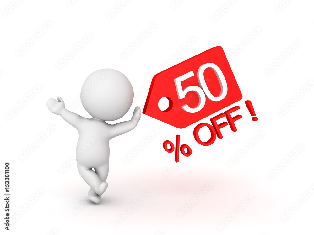 3D Character leaning on fifty percent sale off price tag which shows sales promotion 3D Character leaning on fifty percent sale off price tag which shows sales promotion