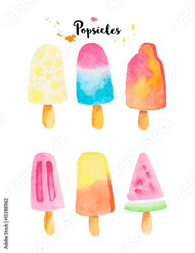 Set of 6 different watercolor popsicles isolated on white background.