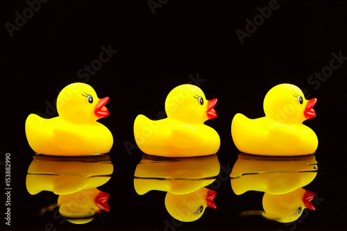 Fotografie Yellow rubber duck on black background.