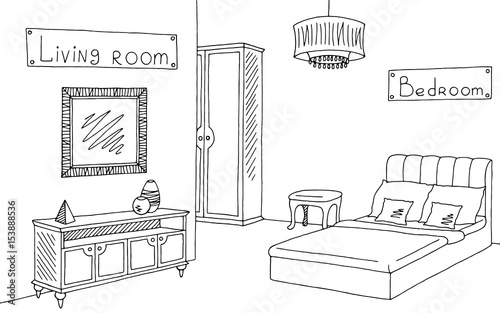 Furniture store shop graphic black white interior sketch illustration vector