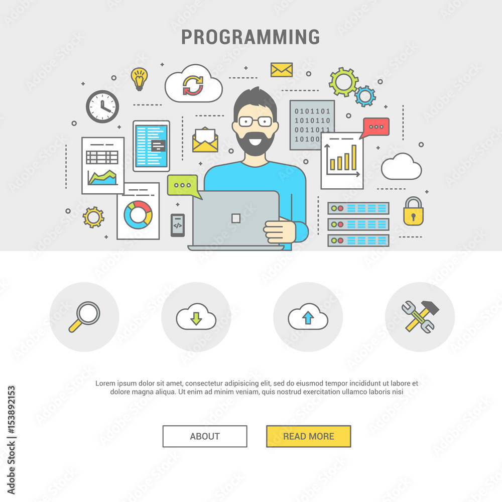 Development and programming concept banner. Digital devices, programmer creating computer software, mobile applications. Line flat design symbols and icons for web site, print. Vector illustration Development and programming concept banner. Digital devices, programmer creating computer software, mobile applications. Line flat design symbols and icons for web site, print. Vector illustration