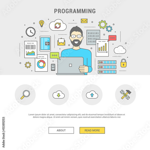 Development and programming concept banner. Digital devices, programmer creating computer software, mobile applications. Line flat design symbols and icons for web site, print. Vector illustration