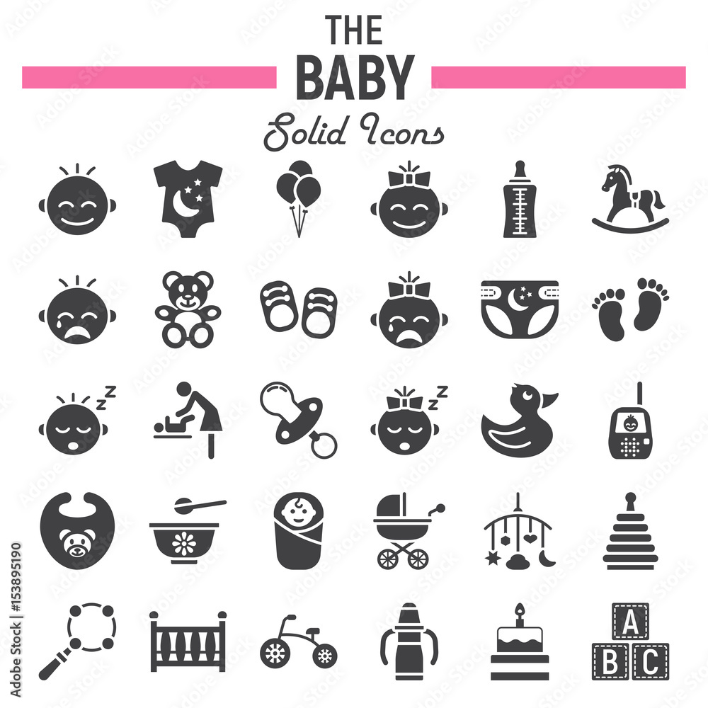 Baby solid icon set, kid symbols collection, vector sketches, logo illustrations, filled pictograms package isolated on white background, eps 10.