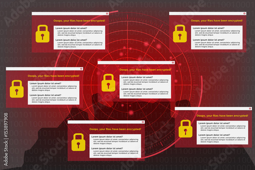 Illustration of radar section on malware virus computer on background data that encrypt binary code. Hacker and WannaCrypt ransom malware computer concept.