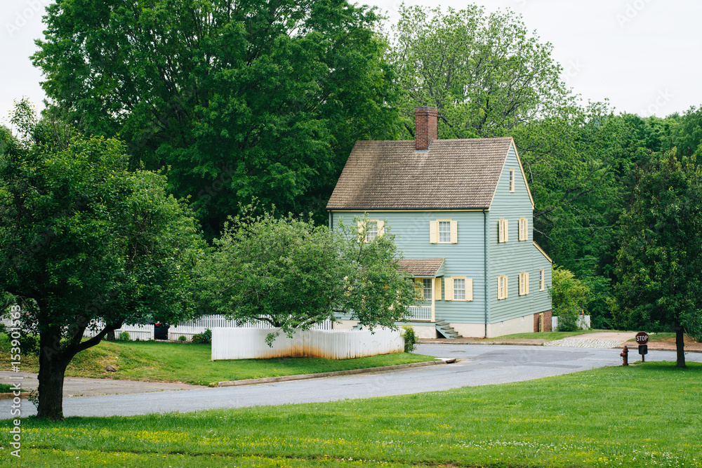 Fototapeta premium House and street in Old Salem, Winston-Salem, North Carolina.