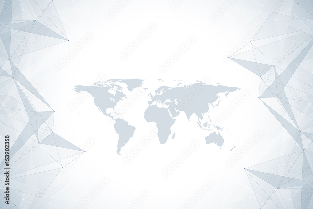 Geometric graphic background communication. Big data complex with Political World Map. Particle compounds. Network connection, lines plexus. Minimalistic chaotic design, vector illustration. Geometric graphic background communication. Big data complex with Political World Map. Particle compounds. Network connection, lines plexus. Minimalistic chaotic design, vector illustration.