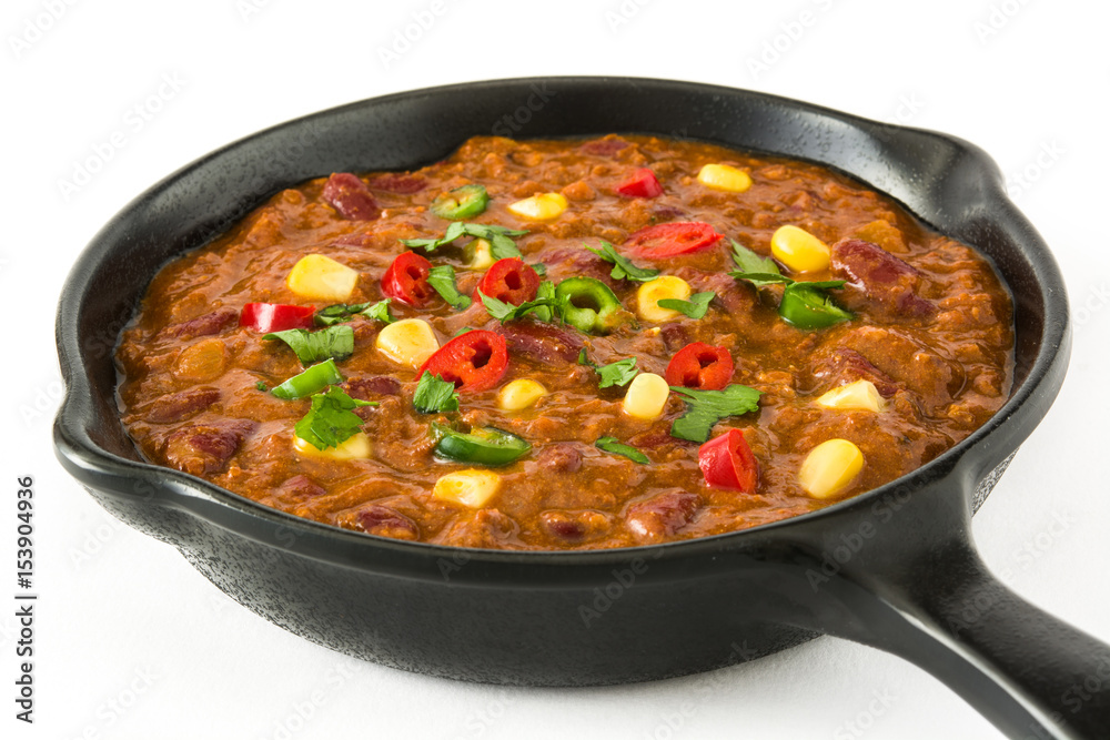 Traditional mexican tex mex chili con carne in a frying pan isolated on white background
Traditional mexican tex mex chili con carne in a frying pan isolated on white background