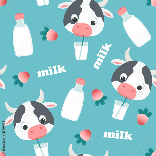 Cow drinking milk seamless pattern