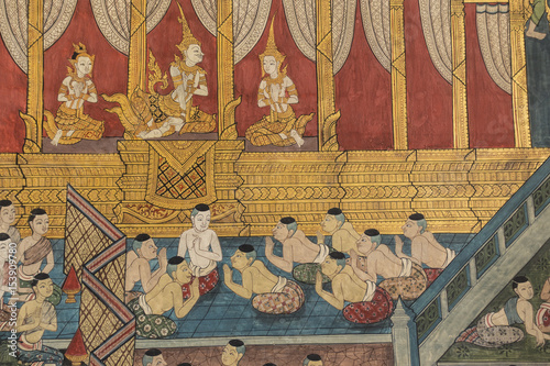 Photography Thai Mural Wall Painting, Wat Pho Temple, Bangkok