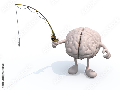 human brain with arms and legs and fishing pole on hand