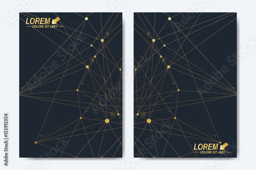 Modern vector template for brochure  Leaflet  flyer  cover  booklet  magazine or annual report. Golden presentation book layout. Geometric pattern with connected lines and dots. Lines plexus circles.