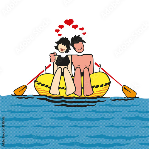 Couple floating on a rubber dinghy