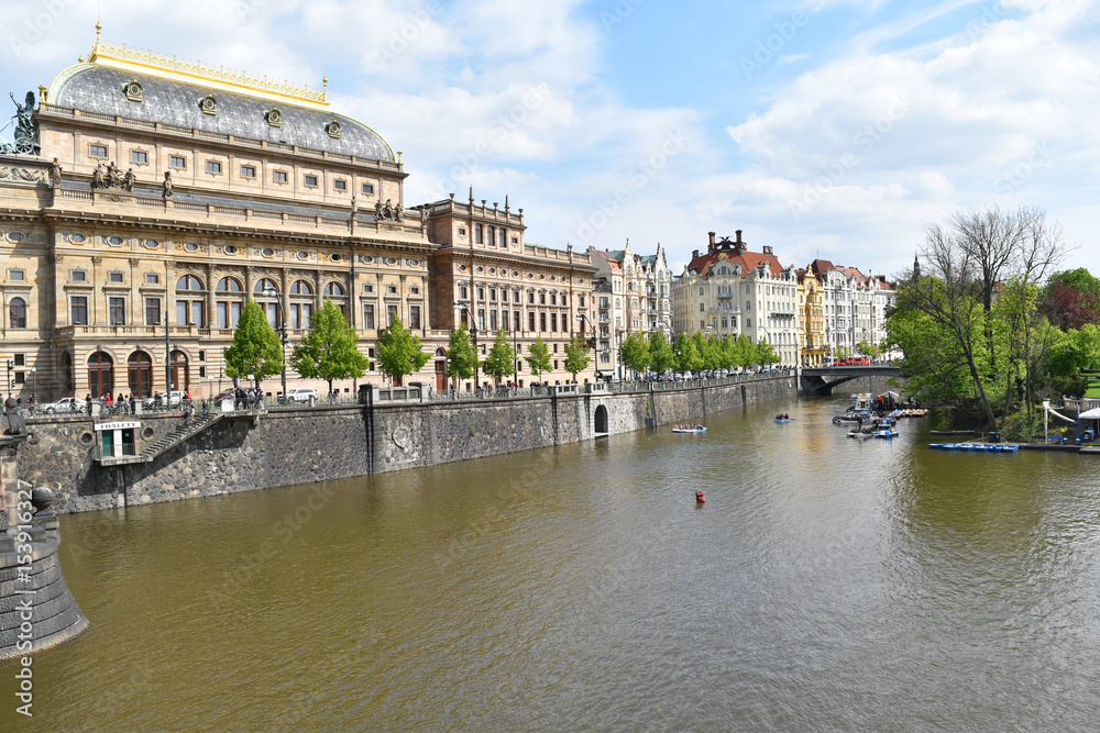 The National Theatre of Prague city center on the bank of Vltava river, in Czech Republic.