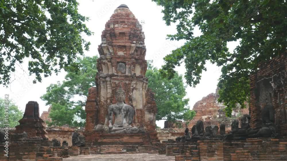 Panning shot of Buddha statue at Wat Maha That or the Monastery of the Great Relic located on the city island in the central part of Ayutthaya Panning shot of Buddha statue at Wat Maha That or the Monastery of the Great Relic located on the city island in the central part of Ayutthaya