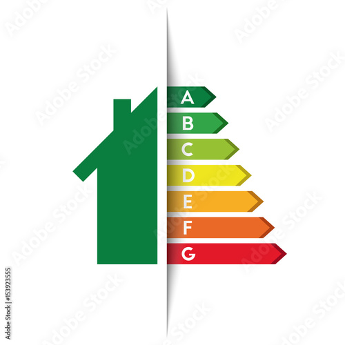 Energy efficiency concept with house and energy performance bars. Tucked label design.