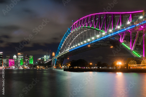 Long exposure night shot of the city center of the Sydney skyline looking over the harbor bridge during vivid