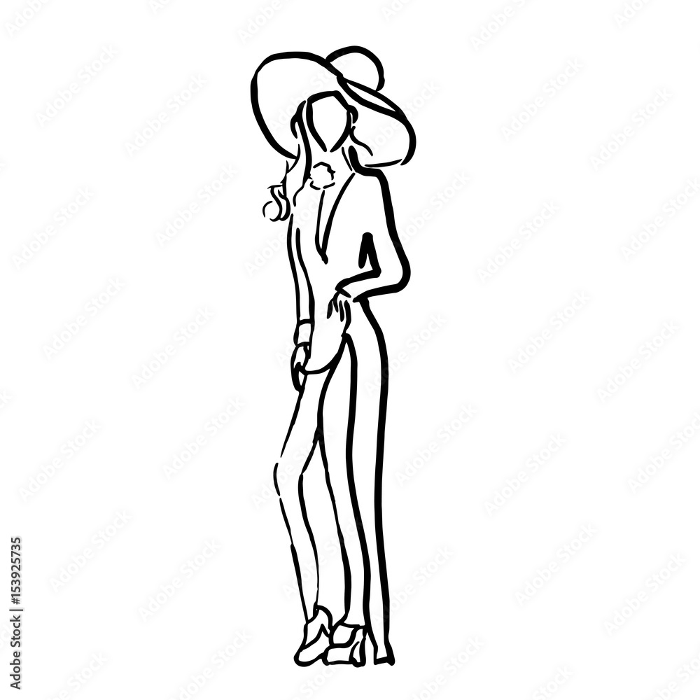 Vector Illustration Sketch Silhouette of Beautiful Fashion Girl Wearing Hat With Wide Brim