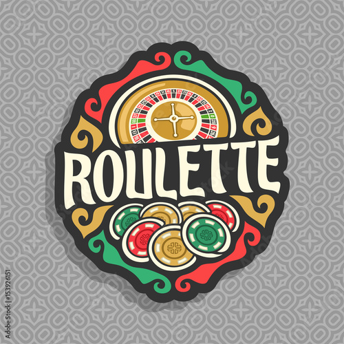 Vector logo for Roulette gamble: wheel of american roulette with double zero, heap of playing chips, title text - roulette, icon on grey seamless pattern for gambling game, clip art symbol for casino.