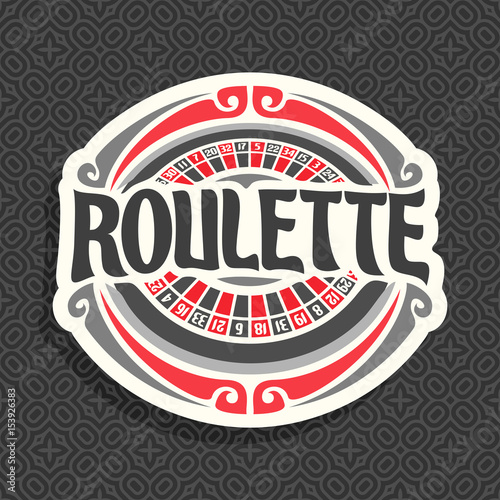 Vector logo for Roulette gamble: playing wheel with red and black numbers, vintage font of lettering title text - roulette, icon on grey seamless pattern for gambling game, clip art symbol for casino.