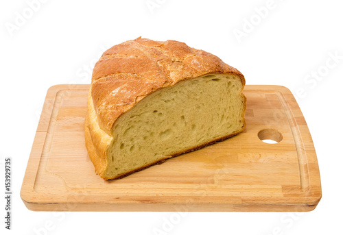 Bread on wooden board isolated on white background