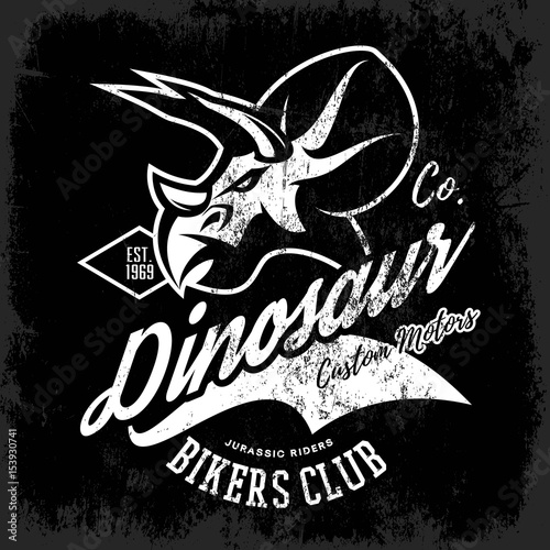 Vintage American furious dinosaur bikers club tee print vector design. Savage monster street wear t-shirt emblem. 
Premium quality wild reptile superior mascot logo concept illustration.