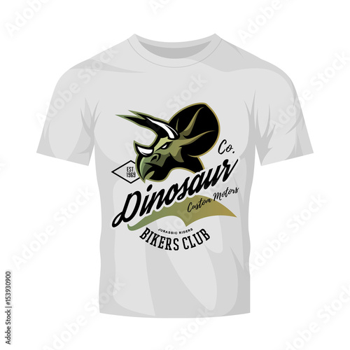 Vintage American furious dinosaur bikers club tee print vector design isolated on white t-shirt mockup.Premium quality wild reptile superior mascot logo concept illustration.