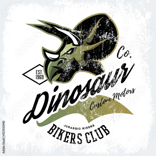 Vintage American furious dinosaur bikers club tee print vector design. Savage monster street wear t-shirt emblem. 
Premium quality wild reptile superior mascot logo concept illustration.