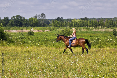 Portrait of young and beautiful woman riding on the horse on the field, cloudy summer day.