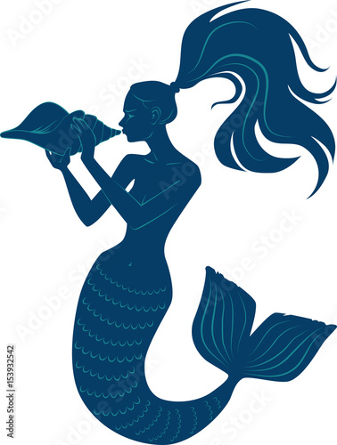 Vector silhouette of a mermaid blowing a conch shell horn, EPS 8 vector illustration