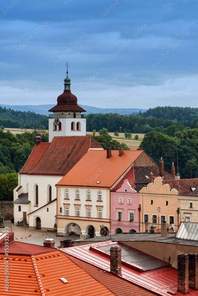 Fototapeta premium Looking down on the Church of the Holy Trinity, Nove Mesto nad Metuji, Bohemia, Czech Republic