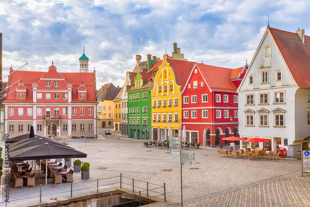 Colorful buildings on Market square (Marktplatz) in the centre of Memmingen,  Bavaria, Germany